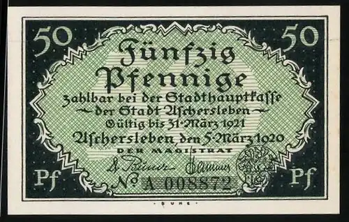 Notgeld Aschersleben 1920, 50 Pfennig, Schloss bei Nacht