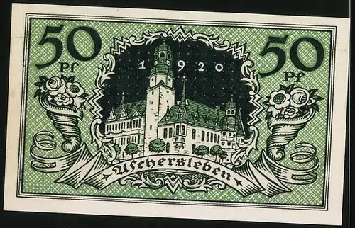 Notgeld Aschersleben 1920, 50 Pfennig, Schloss bei Nacht