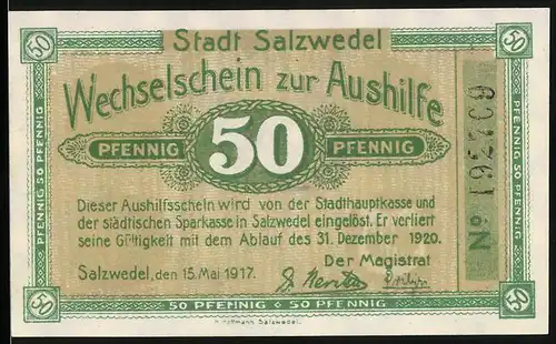 Notgeld Salzwedel 1917, 50 Pfennig, Unterschrift des Magistrats