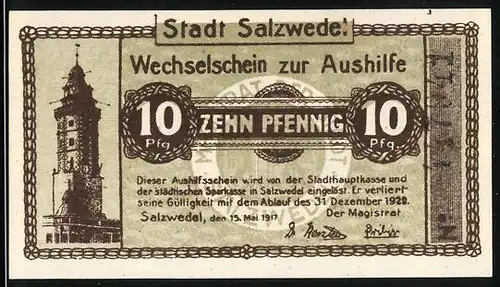 Notgeld Salzwedel 1917, 10 Pfennig, Blick auf den Turm