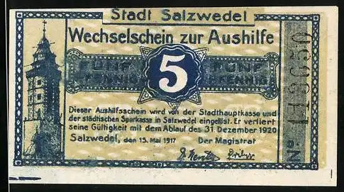 Notgeld Salzwedel 1917, 5 Pfennig, Ansicht vom Turm
