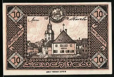 Notgeld Lauchstedt 1919, 10 Pfennig, Strassenpartie mit Hotel, Schlosshof