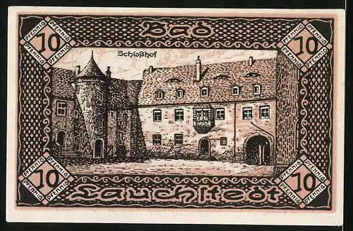 Notgeld Lauchstedt 1919, 10 Pfennig, Strassenpartie mit Hotel, Schlosshof