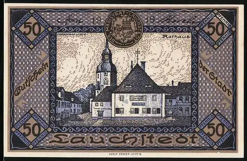Notgeld Lauchstedt 1919, 50 Pfennig, Rathaus, Parkpartie mit Spaziergängern