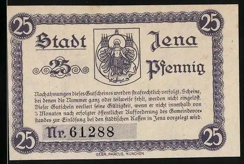 Notgeld Jena 1920, 25 Pfennig, Wappen mit Engel, Turm