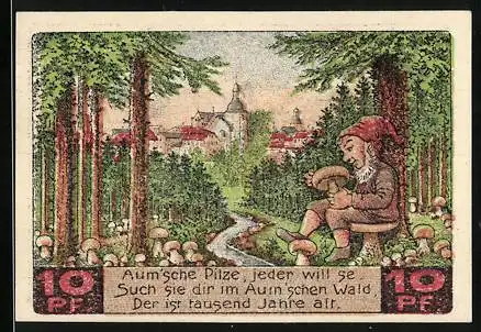 Notgeld Auma 1921, 10 Pfennige, Zwerg im Pilzwald