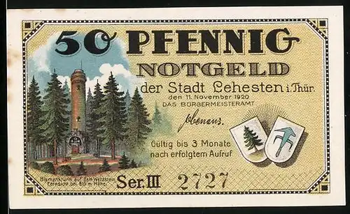 Notgeld Lehesten i. Thür. 1920, 50 Pfennig, Bismarckturm auf dem Wetzstein, Kind mit Tafel