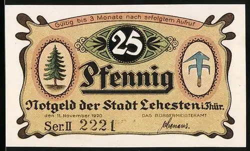 Notgeld Lehesten i. Thür. 1920, 25 Pfennig, Tannenbaum, Mädchen mit Wolle nebst Tafel