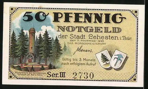 Notgeld Lehesten i. Thür. 1920, 50 Pfennig, Bismarckturm, Mädchen mit Schiefertafel