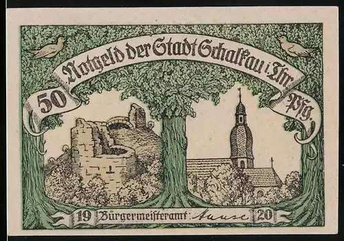 Notgeld Schalkau i. Thr., 50 Pfennig, Ansicht der Ruine, Kind spielt mit Bären im Wald
