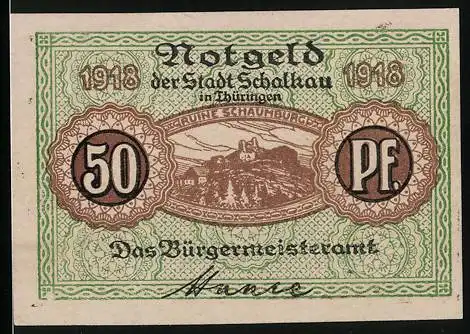 Notgeld Schalkau in Thüringen 1918, 50 Pfennig, Ruine Schaumburg