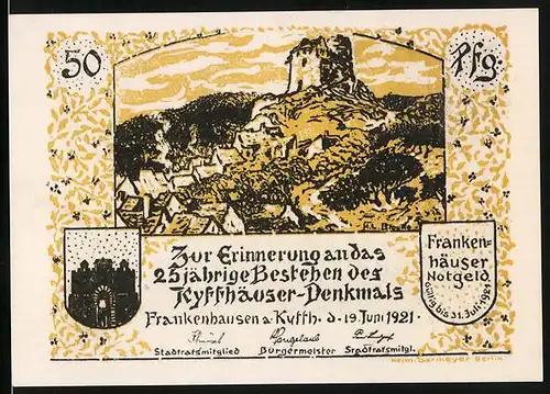 Notgeld Frankenhausen 1921, 50 Pfennig, Am Kyffhäuser-Denkmal, Huldigung der deutschen Flieger