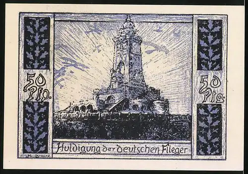 Notgeld Frankenhausen 1921, 50 Pfennig, Am Kyffhäuser-Denkmal, Huldigung der deutschen Flieger