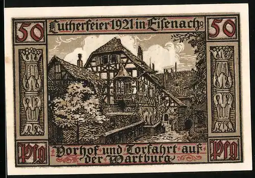 Notgeld Eisenach 1921, 50 Pfennig, Vorhof und Torfahrt auf der Wartburg, Wappen mit Ritter