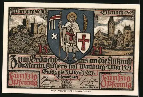 Notgeld Eisenach 1921, 50 Pfennig, Vorhof und Torfahrt auf der Wartburg, Wappen mit Ritter