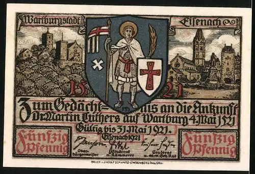 Notgeld Eisenach 1921, 50 Pfennig, Junger Jörg übersetzt neues Testament, Wappen mit Kreuzritter