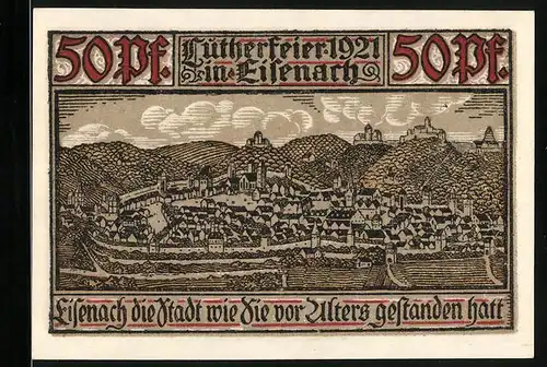 Notgeld Eisenach 1921, 50 Pfennig, Ansicht der Stadt, Kreuzritter auf Wappen