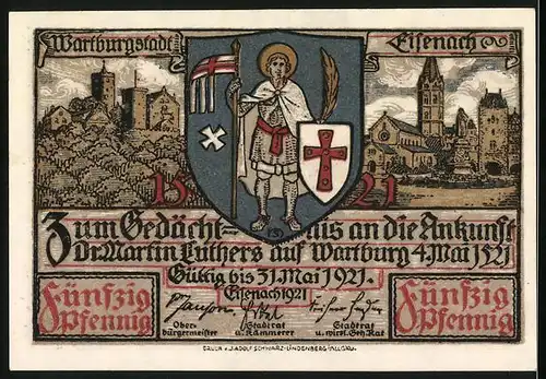 Notgeld Eisenach 1921, 50 Pfennig, Ansicht der Stadt, Kreuzritter auf Wappen