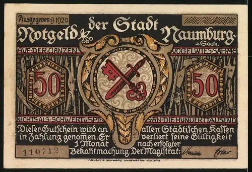 Notgeld Naumburg 1920, 50 Pfennig, Kinder folgen Riesen, Wappen mit Schlüssel und Schwert