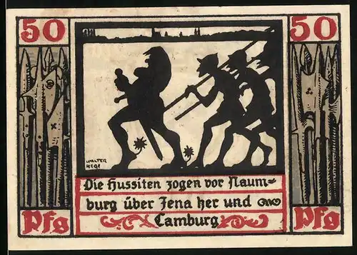 Notgeld Naumburg 1920, 50 Pfennig, Hussiten zogen vor Naumburg über Jena her, Schwert und Schlüssel
