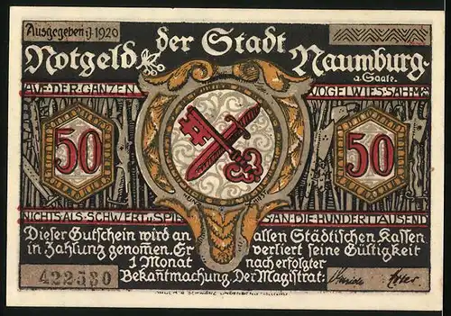 Notgeld Naumburg 1920, 50 Pfennig, Hussiten zogen vor Naumburg über Jena her, Schwert und Schlüssel