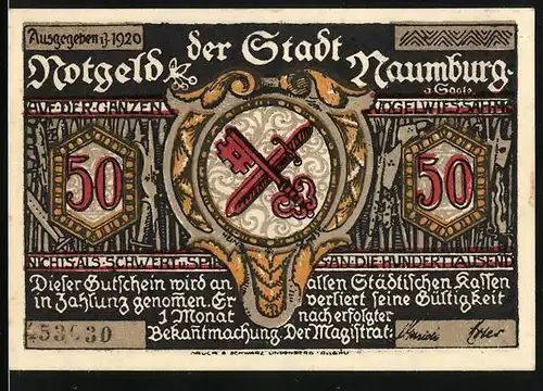 Notgeld Naumburg 1920, 50 Pfennig, Schlüssel überkreuzt mit Schwert, Ritter liegen vor Hamburg