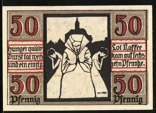 Notgeld Naumburg 1920, 50 Pfennig, Flehende hungrige Menschen, Schlüssel und Schwert