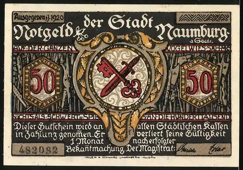 Notgeld Naumburg 1920, 50 Pfennig, Flehende hungrige Menschen, Schlüssel und Schwert