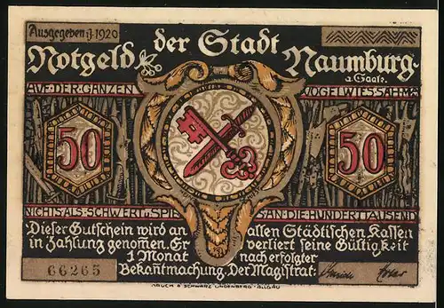 Notgeld Naumburg 1920, 50 Pfennig, Lehrer rettet die Kinder, Schwert mit Schlüssel