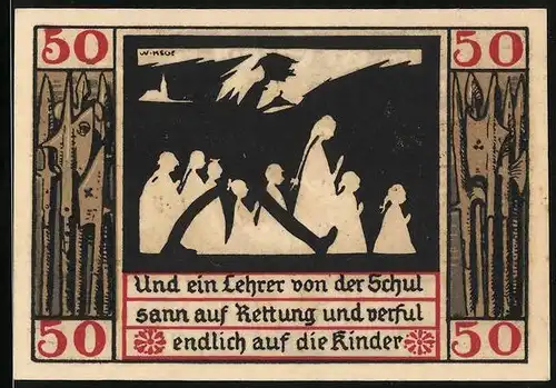 Notgeld Naumburg 1920, 50 Pfennig, Lehrer der Schule rettet Kinder, Schlüssel und Schwert