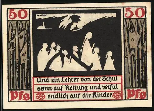 Notgeld Naumburg 1920, 50 Pfennig, Lehrer geht mit den Kindern, Schwert, Schlüssel