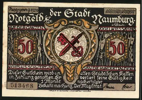 Notgeld Naumburg 1920, 50 Pfennig, Lehrer geht mit den Kindern, Schwert, Schlüssel