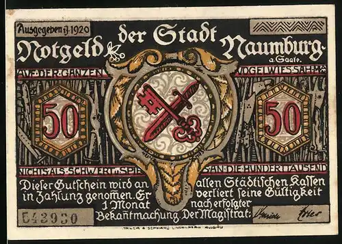 Notgeld Naumburg 1920, 50 Pfennig, Schwert und Schlüssel im Wappen, Mädchen bekommt eine Kirsche