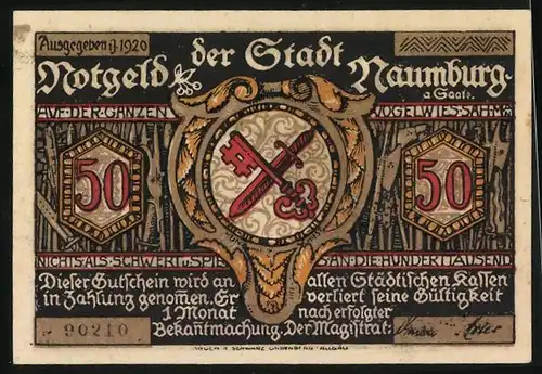 Notgeld Naumburg 1920, 50 Pfennig, Kleines Mädchen erhält Kirche, Schlüssel mit Schwert