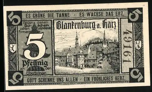 Notgeld Blankenburg a. Harz 1920, 5 Pfennig, Rathaus mit Strassenpartie