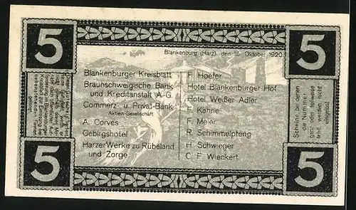 Notgeld Blankenburg a. Harz 1920, 5 Pfennig, Rathaus mit Strassenpartie