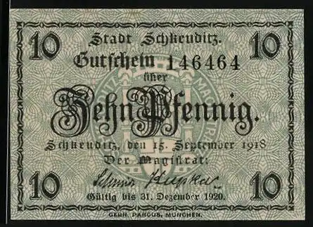 Notgeld Schkeuditz 1918, 10 Pfennig, Statue mit Kopf in der Hand, Magistrat