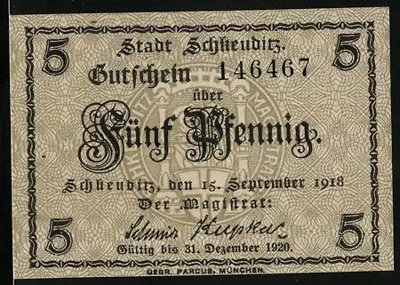 Notgeld Schkeuditz 1918, 5 Pfennig, Magistrat mit Wappen, Kopf in der Hand