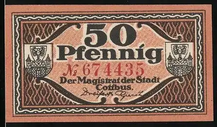Notgeld Cottbus, 50 Pfennig, Wappen, Magistrat Unterschrift