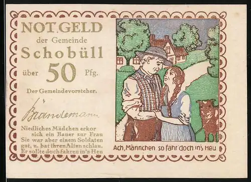 Notgeld Schobüll, 50 Pfennig, Bauer mit seiner Liebsten und mit Kuh