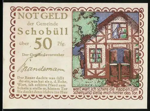 Notgeld Schobüll, 50 Pfennig, Mann versteckt sich hinter dem Bauernhaus