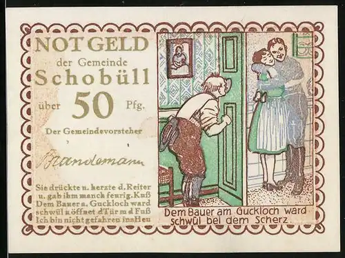 Notgeld Schobüll, 50 Pfennig, Vater sieht Tochter mit Mann