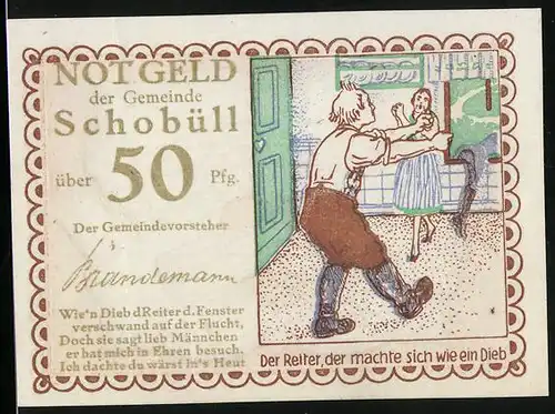 Notgeld Schobüll, 50 Pfennig, Reiter haut durch das Fenster ab