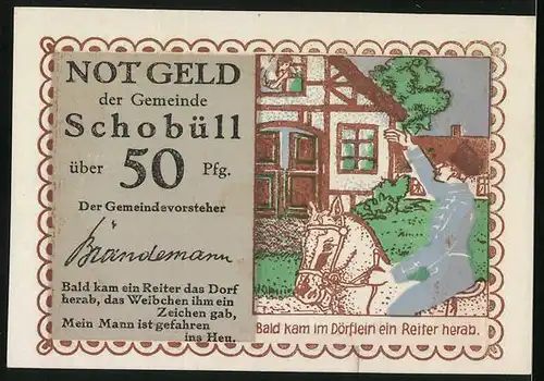 Notgeld Schobüll, 50 Pfennig, Reiter grüsst seine Liebste