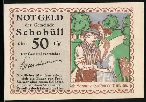 Notgeld Schobüll, 50 Pfennig, Mädchen bat ihren Alten ins Heu zu fahren