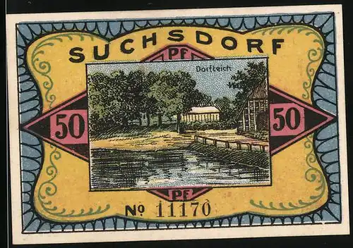Notgeld Suchsdorf 1921, 50 Pfennig, Dorfteich, Brückenwärter ziehen Brücke hoch