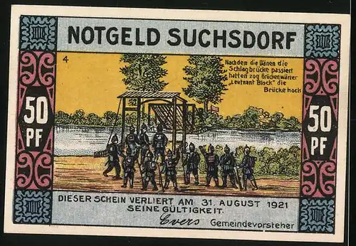 Notgeld Suchsdorf 1921, 50 Pfennig, Dorfteich, Brückenwärter ziehen Brücke hoch