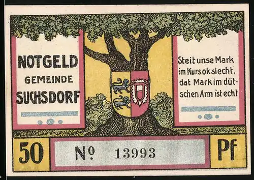 Notgeld Suchsdorf 1921, 50 Pfennig, Wappen am Baum, Anrücken der Dänen