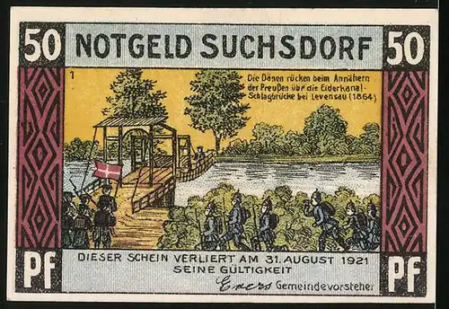 Notgeld Suchsdorf 1921, 50 Pfennig, Wappen am Baum, Anrücken der Dänen