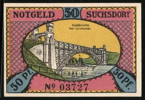 Notgeld Suchsdorf 1921, 50 Pfennig, Hochbrücke bei Levensau, Preussen rücken näher
